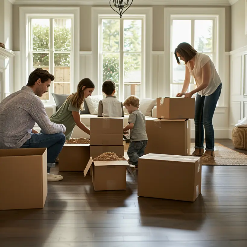 large family packing items together