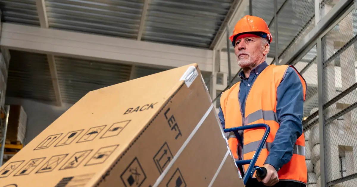 in and out employee carrying a box in the warehouse