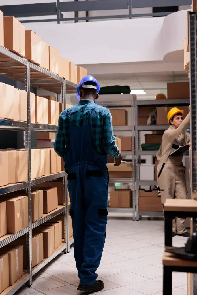 in and out warehouse-loader-carrying-carton-container-delivery-service-stockroom
