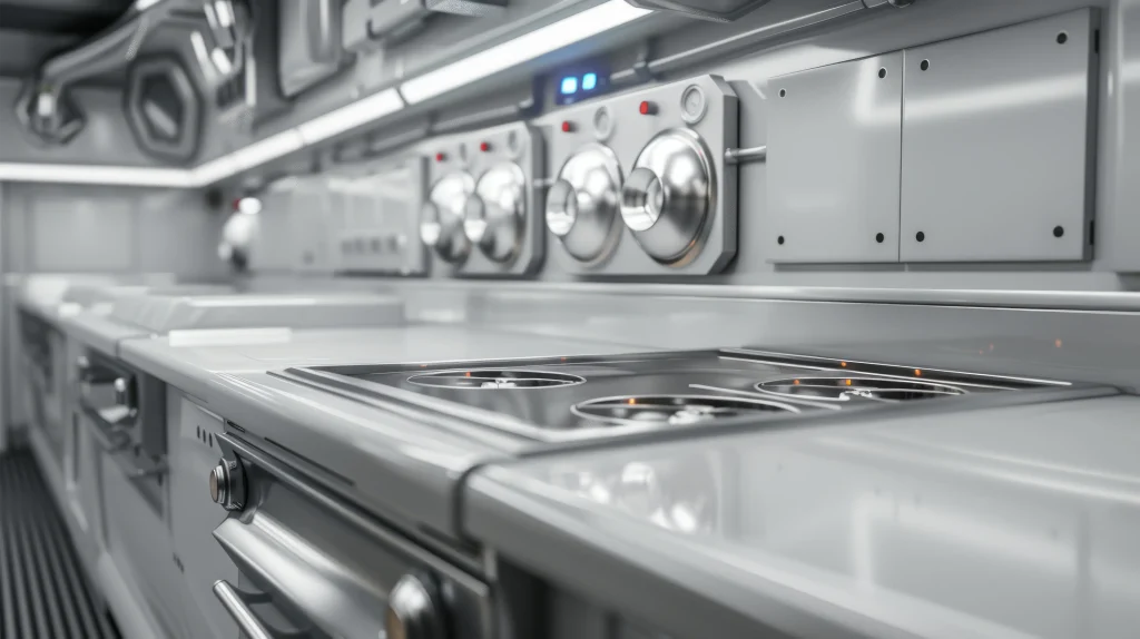 Modern commercial kitchen with stainless steel stoves, ovens, and restaurant equipment neatly arranged.