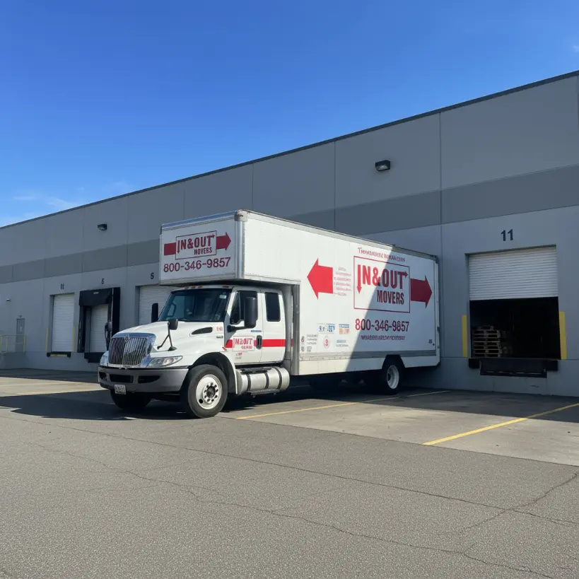 In & Out Movers truck parked at a warehouse loading dock for a warehouse relocation job.