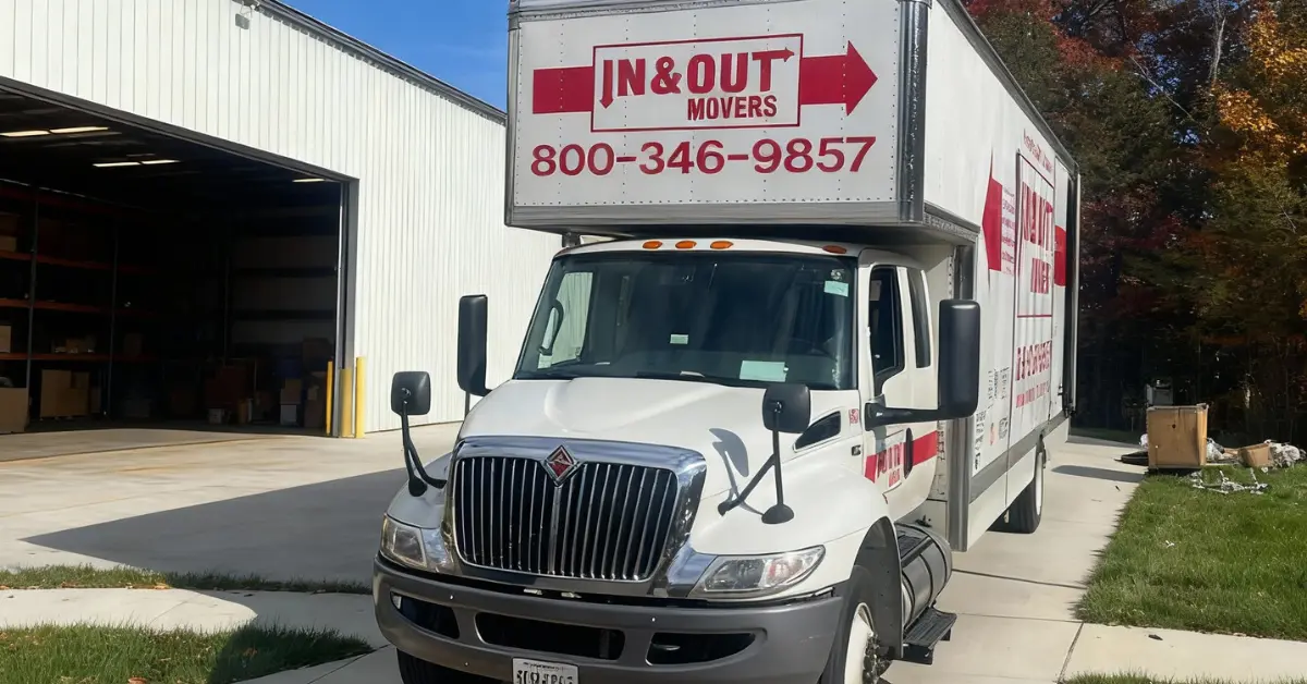 In & Out Movers truck parked outside a warehouse during a warehouse relocation service.